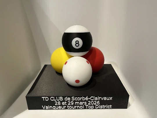 Trophée de tournoi imprimé en 3D en PLA trois couleurs, socle gravé au nom du club